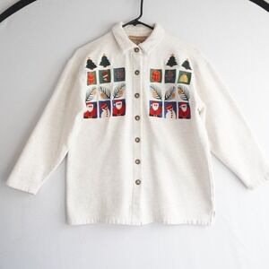 VTG Cambridge Clothing Co. Christmas Embroidered Button Up Shirt Cream S Teacher
